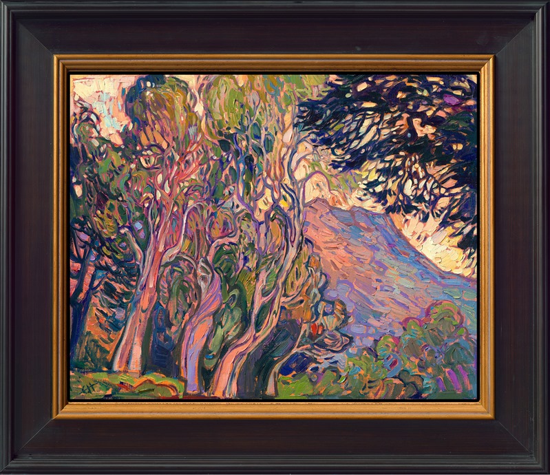 I was inspired to paint this landscape of Santa Barbara after seeing the classic lines of the eucalyptus trees against the pink-glowing mountain backdrop--it reminded me of Early California paintings come to life. I wanted this piece to evoke feelings of classical beauty everlasting.