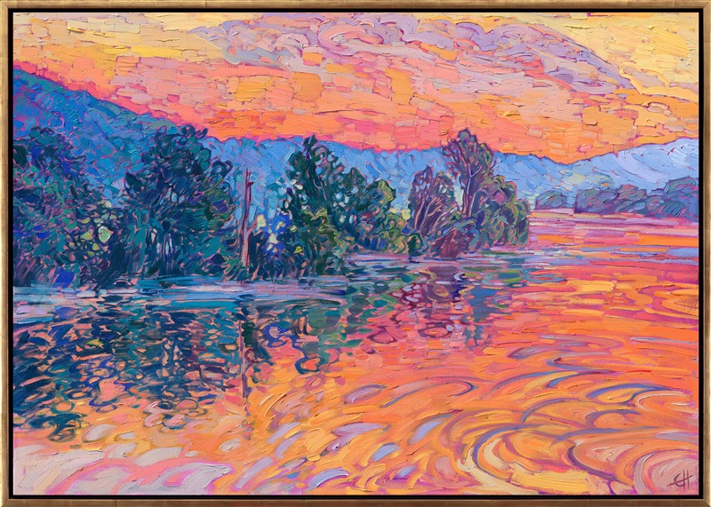 A few weeks ago, I was in a riverboat cruising slowly along the Seine River near Giverny, France. I woke up at 5 AM and saw the early glimmer of pre-dawn outside my window. I went out onto the deck, and for two hours, I watched the long golden hour slowly burn the sky with hues of pink and copper. This painting captures the reflections of the Seine I saw that morning.