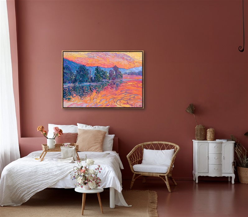 A few weeks ago, I was in a riverboat cruising slowly along the Seine River near Giverny, France. I woke up at 5 AM and saw the early glimmer of pre-dawn outside my window. I went out onto the deck, and for two hours, I watched the long golden hour slowly burn the sky with hues of pink and copper. This painting captures the reflections of the Seine I saw that morning.