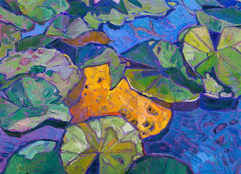 After visiting Monet's garden in Giverny last summer, I traveled south in search of the original water lily gardens that first inspired Monet and supplied him with his water lily plants. The Latour-Mariac water lily farm was incredible--there were thousands of varieties and colors of water lilies--in fact, this is where the original non-white, cold-hardy water lilies were bred. The colorful pastel hues of the new varieties became hugely popular across Europe, and Monet played a large part in popularizing their delicate blooms. To me, this painting of Latour-Mariac water lilies encapsulates the history of the water lily image in impressionism.</p><p>NOTE: "Azure Blooms" will be on display at the Four Seasons hotel in Las Vegas until May 18th, 2025. You may purchase this original painting now, and we will ship it to you at the end of May.