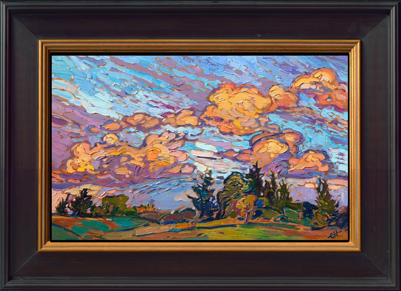 Sherbet-hued billows of clouds pass by outside my art studio and gallery in McMinnville, Oregon. As the days shorten, I get to see more and more sunset color each day before I head home. This painting captures a beautiful view from my studio window.