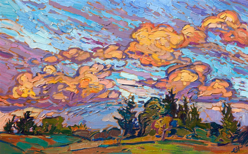 Sherbet-hued billows of clouds pass by outside my art studio and gallery in McMinnville, Oregon. As the days shorten, I get to see more and more sunset color each day before I head home. This painting captures a beautiful view from my studio window.