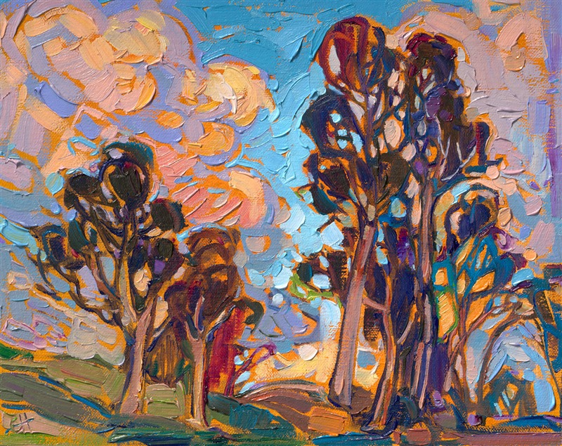 In this painting of San Diego, tall California eucalyptus trees seem to touch the tops of puffy summer clouds. Thick brush strokes full of expression and movement capture the colors of the scene.