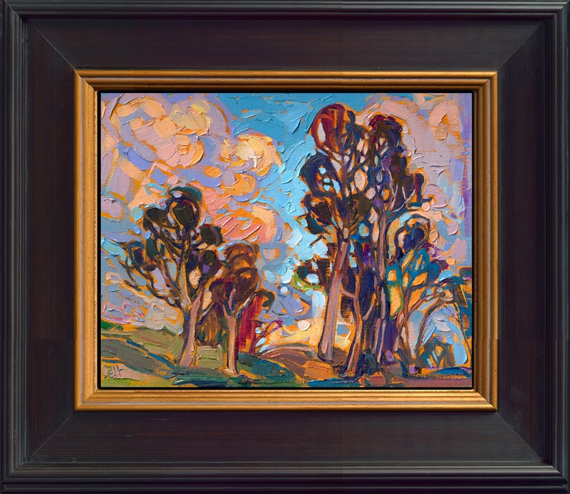 In this painting of San Diego, tall California eucalyptus trees seem to touch the tops of puffy summer clouds. Thick brush strokes full of expression and movement capture the colors of the scene.