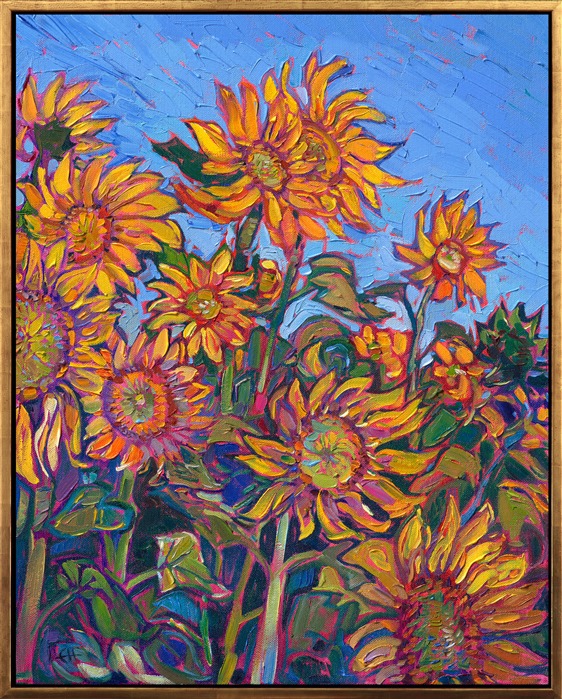 Inspired by the French impressionists and post-impressionists, I followed in their footsteps and explored the landscapes they painted within France and the Provence countryside. This painting captures a field of sunflowers growing on a high plateau in Provenence, near Saint Remy de Provence, where van Gogh lived. Thick brush strokes of oil paint capture the bright sunflower petals as they catch the first light of dawn.