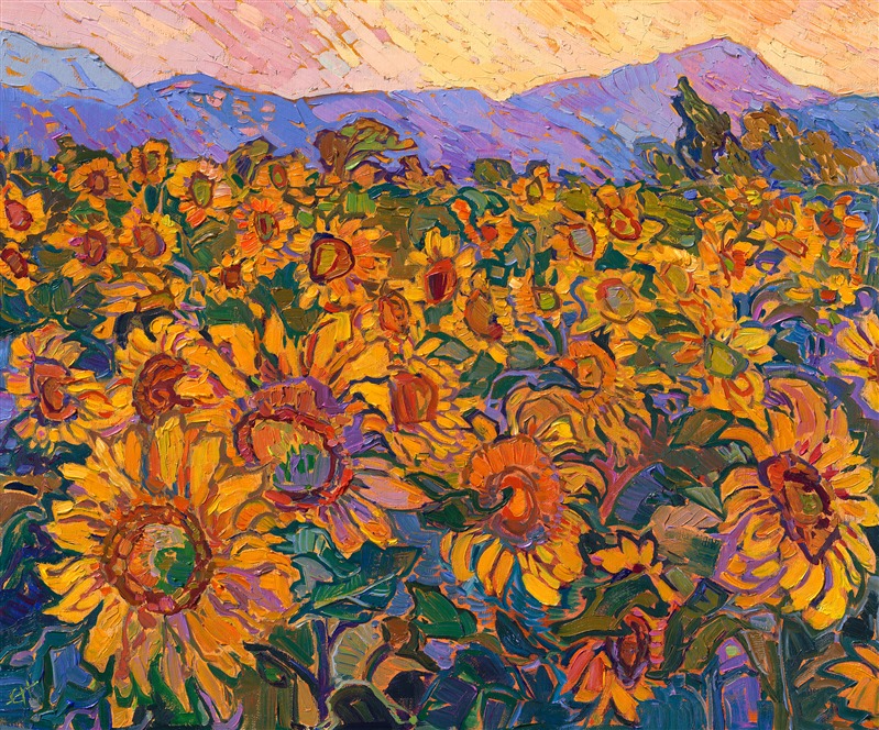 I discovered this sunflower field nestled among the rolling hills of lavender flowers in Valensole, France (in Provence). The sun was just peeking over the horizon, drenching the landscape in saturated hues of reddish-gold. When I paint, I place my brush strokes side by side without layering, creating a mosaic of color and texture across the canvas.