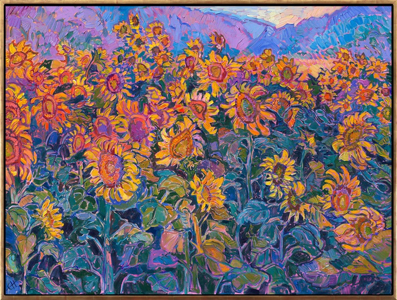 Exploring southern France, I was inspired by the high plateaus in Provence, which are covered in endless lavender fields. Tucked among the lavender fields, I discovered this field of sunflowers right as the sun came up over the mountains. The rich, saturated colors of early morning are captured in this oil painting, while thick, lavish brush strokes bring to life the beauty of the sunflowers.