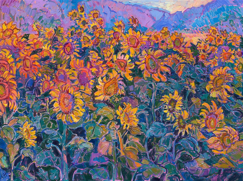 Exploring southern France, I was inspired by the high plateaus in Provence, which are covered in endless lavender fields. Tucked among the lavender fields, I discovered this field of sunflowers right as the sun came up over the mountains. The rich, saturated colors of early morning are captured in this oil painting, while thick, lavish brush strokes bring to life the beauty of the sunflowers.