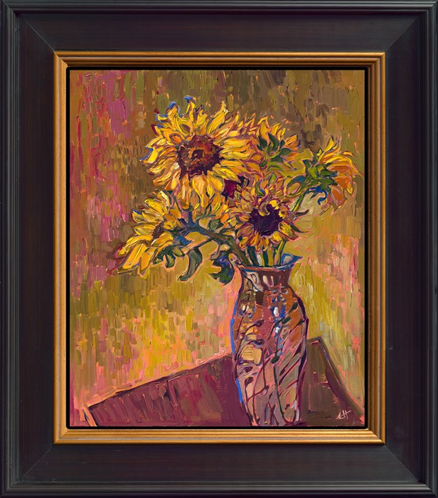 A tall vase of cut sunflowers gleams with subtle color variations against a painted wall. The brushstrokes are thickly applied and alive with texture. Erin's contemporary impressionism paintings of sunflowers were originally inspired by the sunflower paintings of van Gogh. Erin's modern take on impressionism is called Open Impressionism, a style now taught in art schools worldwide.