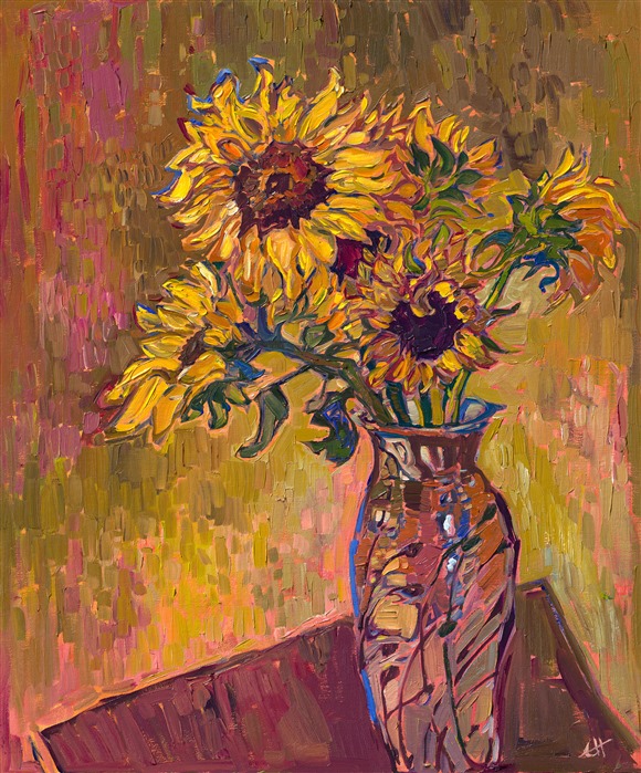 A tall vase of cut sunflowers gleams with subtle color variations against a painted wall. The brushstrokes are thickly applied and alive with texture. Erin's contemporary impressionism paintings of sunflowers were originally inspired by the sunflower paintings of van Gogh. Erin's modern take on impressionism is called Open Impressionism, a style now taught in art schools worldwide.