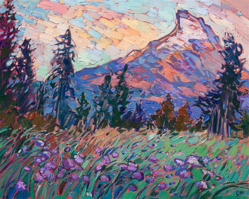 The view of Mt Hood from the Hood River Valley is one of my favorites to paint. I love how large and looming the mountain peak appears, and I love the contrast of snow-covered peaks against orchards and wildflowers. I pre-mix my palette from only five basic colors, and then I lay my brush strokes side by side, in a technique that allows me to be expressive and free when I paint. I call my style "Open Impressionism."