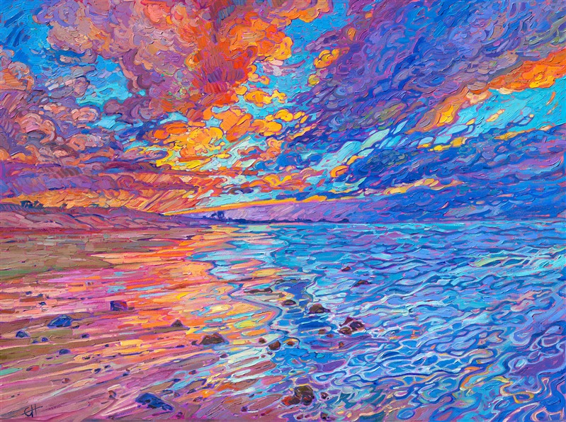 A symphony of colors plays over the sandy beaches of Monterey, California. Dramatic lines of clouds draw you into the painting, stirring the soul. Thick strokes of oil paint come together in an evocative dance of color.