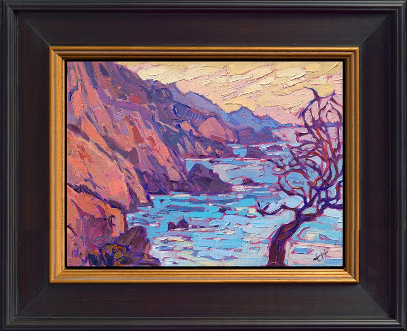 The California coast is beautiful from San Diego to Mendocino, but one of my favorite spots is the stretch of Highway 1 between Carmel and Big Sur. This impressionistic painting captures one of the many beautiful coastal vistas, captured during the rosy light of sunset.