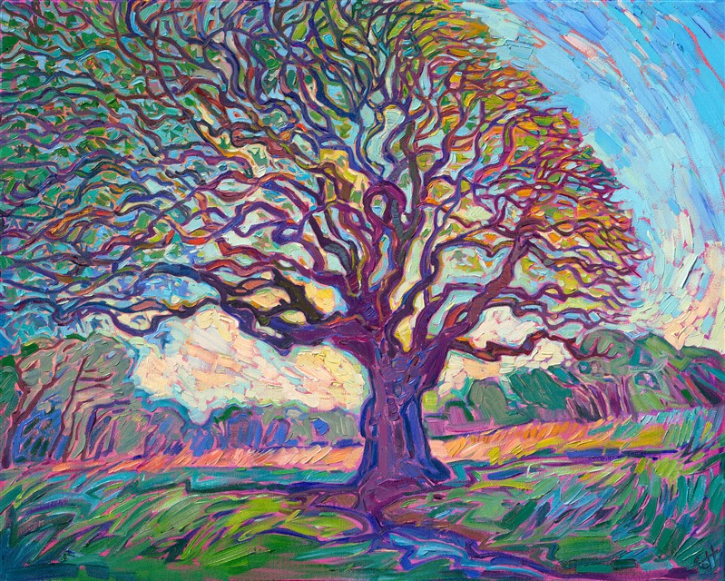 An ancient oak tree stretches wide, gnarled branches far out over the grassy meadow. Thick, impressionistic brush strokes capture the movement and expressionist colors of the landscape.