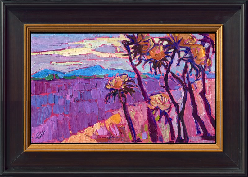 This petite work captures the beautiful colors of pale pink and purple lavender fields in Provence, France. I was inspired to paint this scene from the contrasting colors of dusky yellow thistles against a velvety purple background.