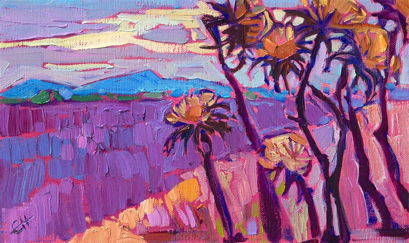 This petite work captures the beautiful colors of pale pink and purple lavender fields in Provence, France. I was inspired to paint this scene from the contrasting colors of dusky yellow thistles against a velvety purple background.