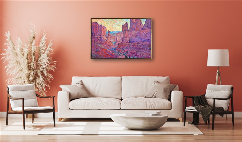 When you first enter Arches National Park, one of my favorite vistas to paint is immediately to your left-hand side. You can see beautiful fins of red rock sandstone overlapping into the far distance. It is most beautiful at dawn. This painting captures the scene with luscious colors of pink and orange.</p><p>This painting was exhibited at <i>Erin Hanson: Landscapes of the West </i> solo museum exhibition at the Sears Art Museum in St. George, Utah.