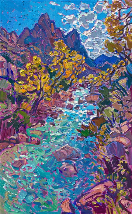 The Watchman peak in Zion National Park is captured on a petite canvas in a contemporary impressionism style by Open Impressionist painter Erin Hanson. The thickly applied brush strokes communicate the movement and texture of the landscape scene. This painting was inspired by an October hike down Pa'rus Trail in Zion.