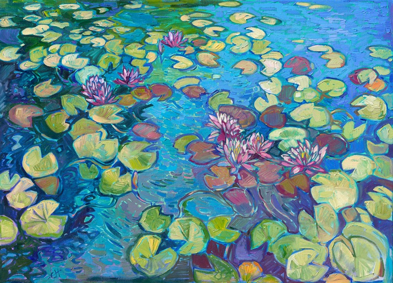 Delicate hues of burgundy, green, and blue meld together in this painting of a water lily pond in France. I stayed one night in an old stone bungalow near Bordeaux, and I woke the next morning before dawn to wander the gardens. Tucked away in a secluded grove of tangerine trees, I found a giant stone pond with water lilies blooming on the still water. The slowly lifting fog gave the vista a quiet, subdued tone, and I wandered through the quiet land, discovering unexpected marble statues, benches, and arbors, nibbling on fresh-picked plums and peaches as I went.