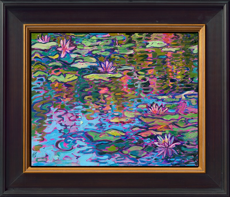 Inspired by my recent visit to Monet's Garden to see his famous water lilies, I have been painting water lilies and weeping willow reflections ever since! This piece captures the pink water lilies against dark green water reflections. The brushstrokes are loose and impressionistic, alive with movement and texture.