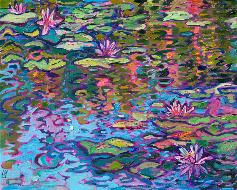 Inspired by my recent visit to Monet's Garden to see his famous water lilies, I have been painting water lilies and weeping willow reflections ever since! This piece captures the pink water lilies against dark green water reflections. The brushstrokes are loose and impressionistic, alive with movement and texture.