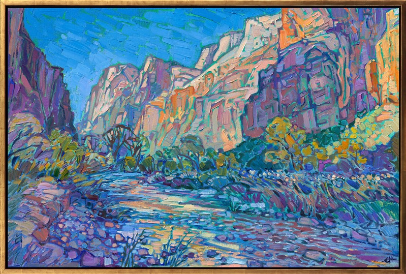 Abstract impressionist brushstrokes capture the vivid colors and sense of movement in Zion National Park canyon. Erin Hanson lays her brush strokes side by side, like placing tiles in a mosaic. The result is thickly textured oil painting that glows with internal light.</p><p>"Zion Canyon" will be available for sale at the Sears Art Museum Invitational in 2025. 