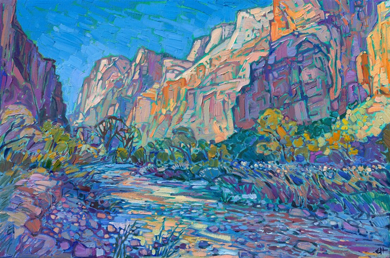 Abstract impressionist brushstrokes capture the vivid colors and sense of movement in Zion National Park canyon. Erin Hanson lays her brush strokes side by side, like placing tiles in a mosaic. The result is thickly textured oil painting that glows with internal light.

"Zion Canyon" will be available for sale at the Sears Art Museum Invitational in 2025. 