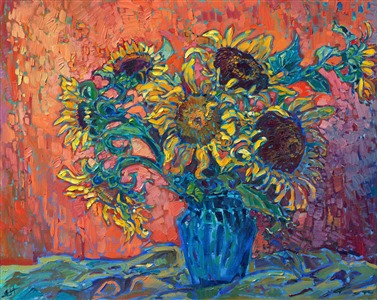 Inspired by van Gogh's love for sunflowers and Monet's garden (he created his own water lily garden so he could paint in his own backyard), I planted my own sunflower field last spring. This is a painting of a sunflower bouquet gathered from my field. I searched for heirloom seeds that would grow the large-headed sunflowers that make such great paintings. I draped an orange cloth behind the sunflowers for a moody, impressionistic look. My brush strokes are laid down in thick, expressive strokes, and I used a limited palette of only five oil paint colors.