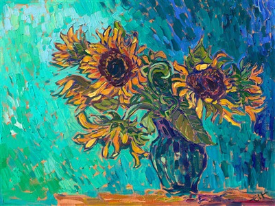 In this painting, I wanted to make the yellow sunflower blooms glow by contrast against a green backdrop. I used a limited palette of only five colors, pre-mixing a wide range of hues before I picked up my brush to paint. I then painted swiftly, creating a sense of movement within the piece by the texture of my brushwork. I tried not to go over the same point on the canvas more than once, getting each stroke "right the first time," without blending or layering.