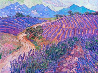 Exploring the lavender fields on the high plateaus of Provence, France, was an experience I will never forget. I caught two sunsets and two sunrises among the lavender fields, and I have enough inspiration to last me a lifetime! After painting vineyards for so many years, it is fun to paint purple cultivated rows instead. The ground between the lavender plants is covered in warm-hued stones, adding additional texture and color contrast to the landscape.

This painting will be displayed in my "<a href="https://www.erinhanson.com/Event/ReflectionsoftheSeine">Impressions of the Seine</a>" collection release at my gallery on September 14th, 2024.