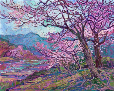 Kyoto, Japan, is one of the most beautiful locations to see cherry trees in full bloom. This piece captures the cherry trees that grow along a riverbed in Kyoto. The Yoshino cherry tree's artistic branches and delicate pink and white blooms are a joy to paint. This Japanese cherry blossom painting is available for purchase by master impressionist Erin Hanson. Canvas prints and 3D Textured Replicas are also available in various sizes and framing options.