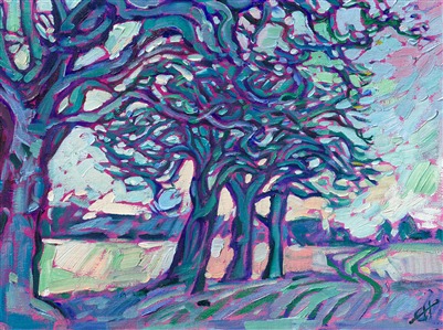 A petite painting captures the colors of winter in Oregon's Willamette Valley. These grand oak trees hold layers of snow on their boughs, and the whole landscape is draped in white. I passed by these trees driving to my gallery last winter, and I was inspired by the quiet beauty of the scene.