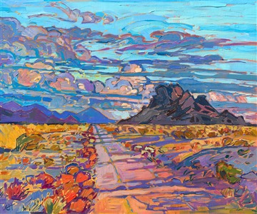 I love the feeling I get of infinite space driving along the wide-open roads of Arizona. The giant sky filled with billowing clouds, the dramatic buttes, and the vivid colors all ignite my imagination and make me reach for my brush.