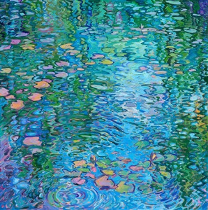 Monet painted over 250 oil paintings of his water lily garden in Giverny, France. I can understand why! I spent two days exploring his gardens, and I have enough inspiration to last me years of painting. I love how the lily pond changes in different light -- in this painting, my goal was to capture the cool greens and blues of the water, reflections, and lily pads.