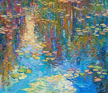 After immersing myself in the beauty of Monet's Garden and seeing his original water lily paintings in several different art museums in France, I was inspired to create my own large-scale oil painting of water lilies. After seeing his garden in person, I realized that the squiggly lines in his pieces were reflections of weeping willow trees. This made me look at water reflections in a whole new light.