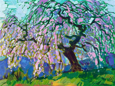 The weeping cherry trees of Kyoto, Japan, are captured on a petite canvas by American impressionist Erin Hanson, creator of Open Impressionism. This small work captures the beauty of the pink cherry blossoms and the graceful, ancient branches of this famous tree.