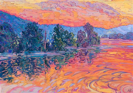 A few weeks ago, I was in a riverboat cruising slowly along the Seine River near Giverny, France. I woke up at 5 AM and saw the early glimmer of pre-dawn outside my window. I went out onto the deck, and for two hours, I watched the long golden hour slowly burn the sky with hues of pink and copper. This painting captures the reflections of the Seine I saw that morning.