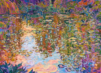 This contemporary impressionist painting captures the same scene that inspired the Father of Impressionism, Monet himself. Visiting Giverny and Monet's water lily garden was the highlight of my trip to France. I loved seeing the very same trees and the same wiggly reflections that Monet saw. This painting is my homage to Monet.