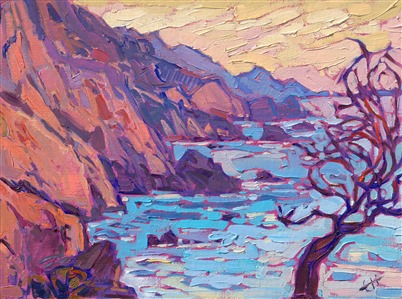 The California coast is beautiful from San Diego to Mendocino, but one of my favorite spots is the stretch of Highway 1 between Carmel and Big Sur. This impressionistic painting captures one of the many beautiful coastal vistas, captured during the rosy light of sunset.