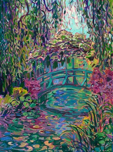 I visited Monet's garden several times during my recent visit to Giverny, France. I loved seeing Monet's water lily pond in different light, at different times of day. Everything was lush and green, and Monet's turquoise-painted bridge fit right into the landscape.