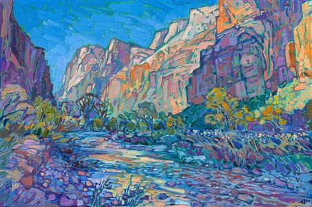 Abstract impressionist brushstrokes capture the vivid colors and sense of movement in Zion National Park canyon. Erin Hanson lays her brush strokes side by side, like placing tiles in a mosaic. The result is thickly textured oil painting that glows with internal light.

"Zion Canyon" will be available for sale at the Sears Art Museum Invitational in 2025. 