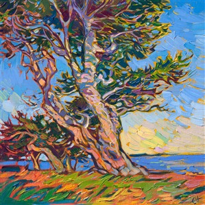 I never tire of painting the windswept cypress trees of Monterey County. Their pale bark reflects the colors of dawn and sunset, turning hues of pale rainbow sherbet. This painting captures a small grove of cypress trees near the Pebble Beach golf course.