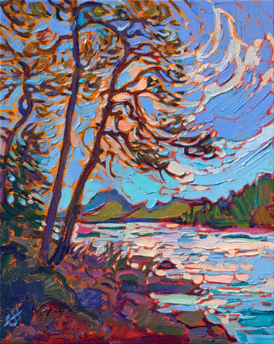 Acadia National Park is captured in vivid colors that spark the imagination. Thick brush strokes of oil paint placed side by side without layers is a hallmark of Erin's Open Impressionism painting style.