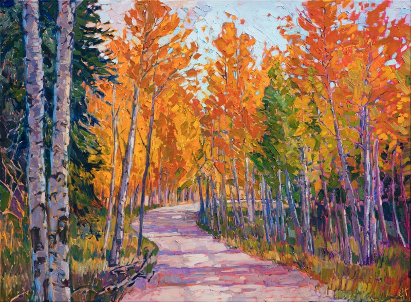 Cedar Breaks National Monument is home to some of the most beautiful aspen groves in Utah. The bright orange and yellow coin-shaped leaves sparkle and jingle in the wind, immersing you in sound and color. This painting has loose, thick brush strokes of oil paint, the texture adding a sense of movement to the scenery.