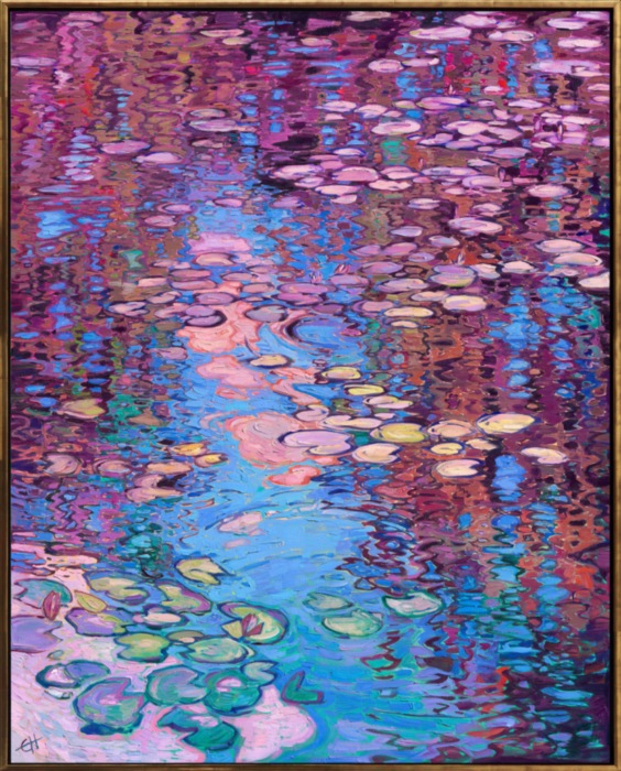 Aubergine-hued reflections from Monet's garden curve and swirl in his water lily pond. The blue sky peeks out between the dark reflections, and the water lilies reflect the light from the sky. The overall effect is an entrancing pattern of light and shadow. 