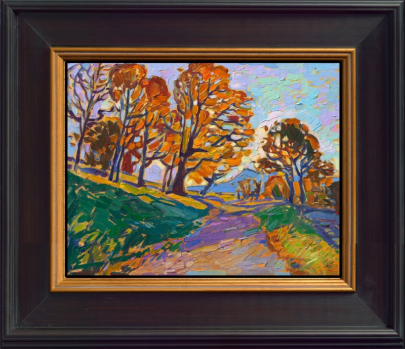 The Blue Ridge Mountains in South Carolina are a leaf peeper's dream, with every shade and hue of autumn represented in the daily-changing foliage. This painting was inspired by the grounds at Moses H. Cone Memorial Park, off Blue Ridge Parkway. The brush strokes in this painting are laid side-by-side, without layering, creating a stained-glass effect of paint and texture on the canvas.