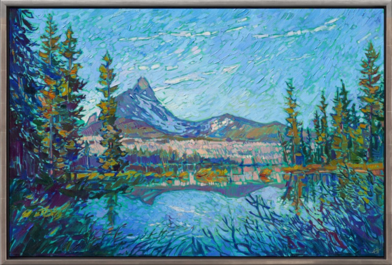 Camping at one of the many lakes in the Cascade range, I woke up one morning to see the water so still that the reflections were mirror-still. The light was so clear and crisp that I could see details on the snow-capped mountains far in the distance. This painting captures the feeling of waking up in the cold morning air, surrounded by the beauty of Nature.