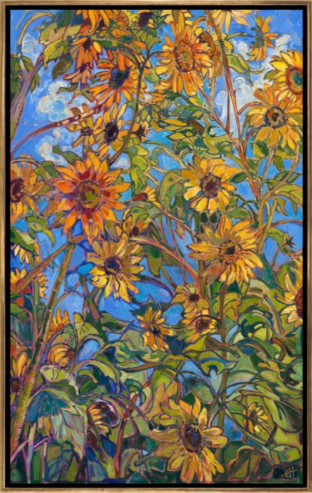 This October, I discovered a grove of sunflowers blooming in the Oregon countryside against a cobalt sky. The flower stalks stretched high over my head, and I felt completely enveloped by sun-lit hues of yellow, green, and blue. I took dozens of photos to use as reference later in my studio, and then, using impasto strokes of oil paint, I laid my paint strokes side by side without layering, creating a mosaic of color and texture across the canvas. The result captures the spirit of a late summer day in the northwest.