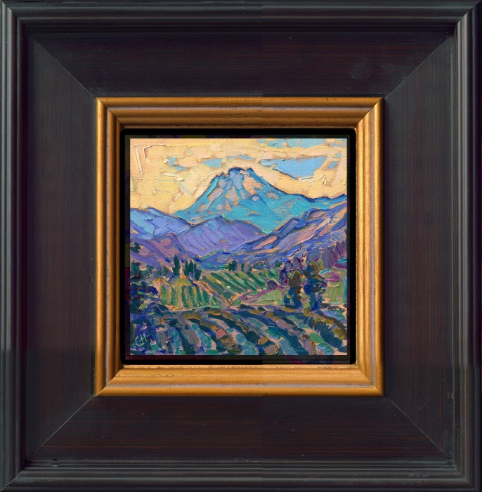 This miniature painting, only 6x6 inches, captures a wide vista of vineyards and fruit orchards growing at the base of Mt Hood, in the Hood River Valley, AKA the "Fruit Loop." Small brush strokes create big impact and lots of texture, since Erin does not overlap her brush strokes.