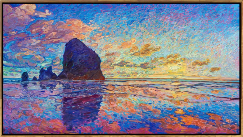 Haystack Rock is the most iconic sea stack formation on the Oregon coast, and seeing it at sunset brings it to light like no other time of day. Erin Hanson's Open Impressionism techniques beautifully capture the changing light and multitude of colors in the seascape. Thick brush strokes of oil paint laid side by side give a sense of movement in the painting.